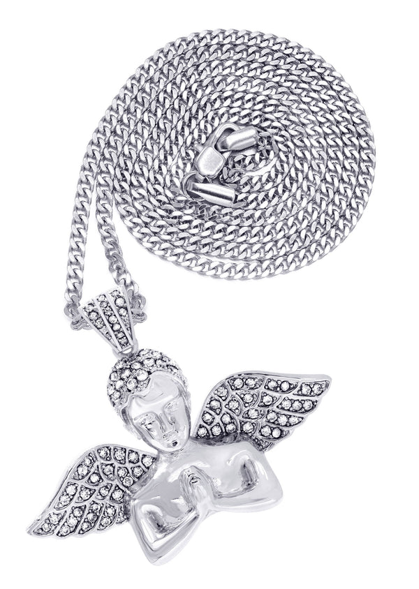 White Gold Plated Cuban Link Chain & Angel Pendant | Appx. 19.4 Grams