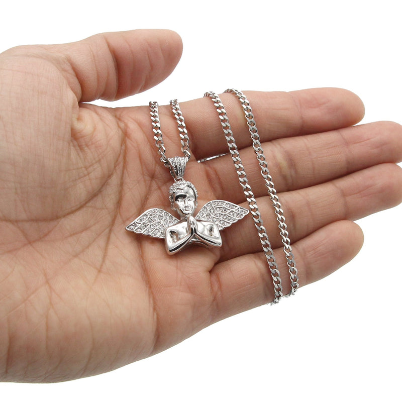 White Gold Plated Cuban Link Chain & Angel Pendant | Appx. 19.4 Grams