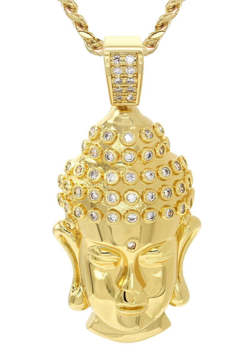 Mens Gold Plated Cuban Link Chain & Buddha Pendant | Appx. 21.6 Grams
