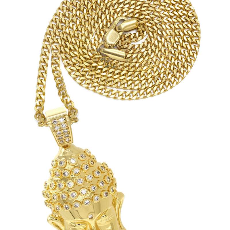 Mens Gold Plated Cuban Link Chain & Buddha Pendant | Appx. 21.6 Grams