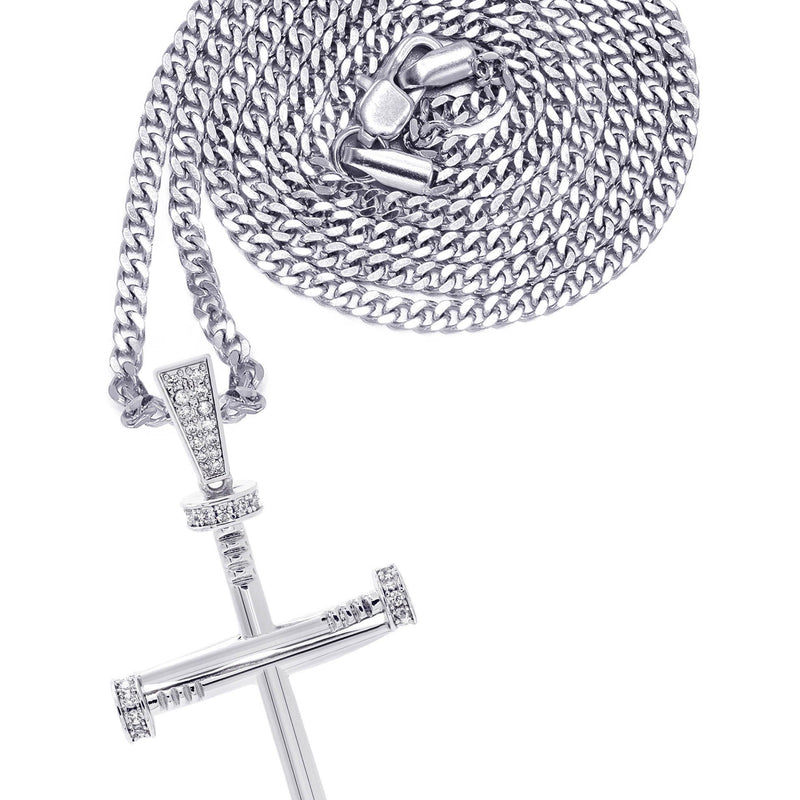 White Gold Plated Cuban Link Chain & Cross Pendant | Appx. 14.5 Grams