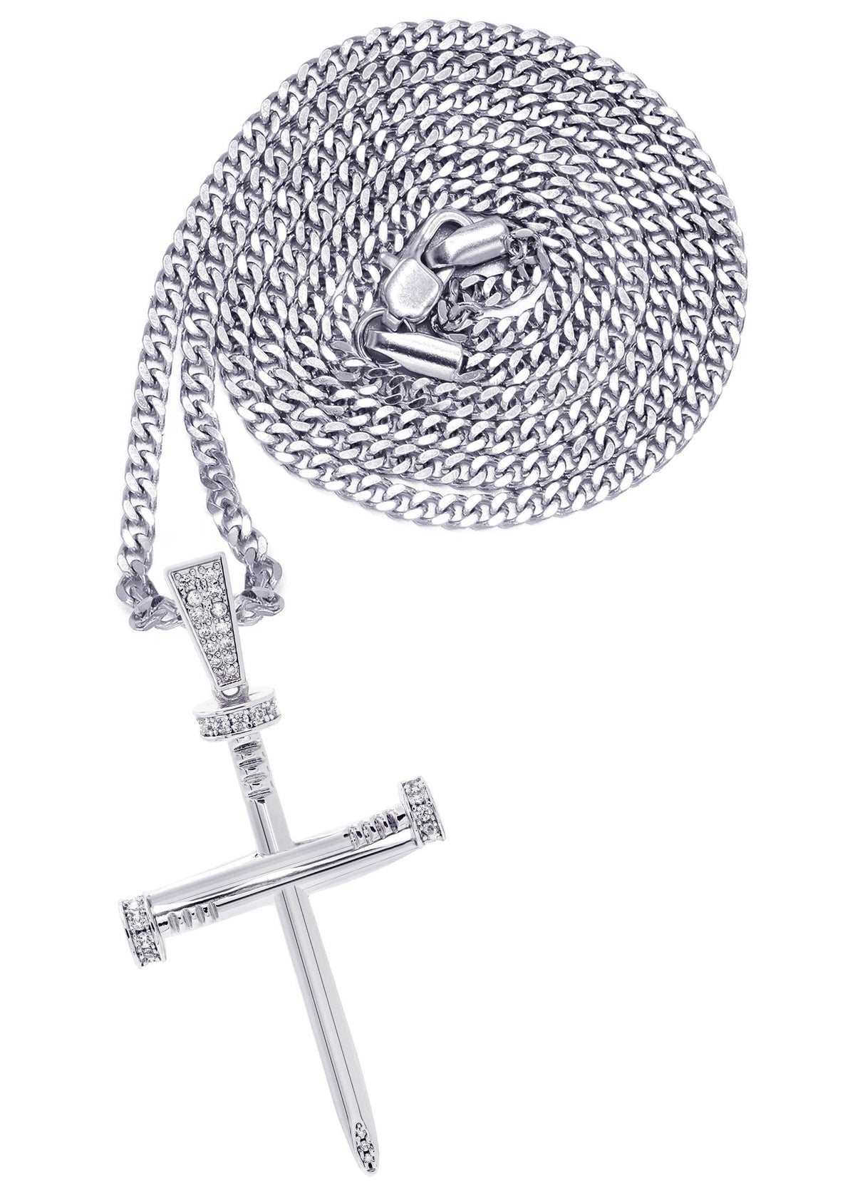 White Gold Plated Cuban Link Chain & Cross Pendant | Appx. 14.5 Grams