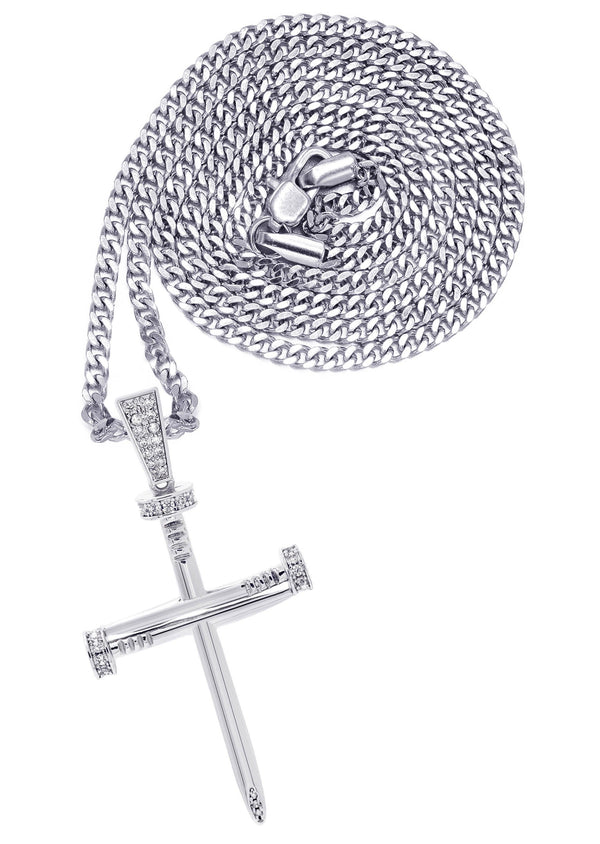 White Gold Plated Cuban Link Chain & Cross Pendant | Appx. 14.5 Grams
