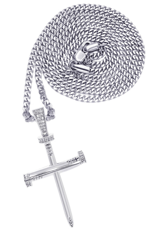 White Gold Plated Cuban Link Chain & Cross Pendant | Appx. 14.5 Grams