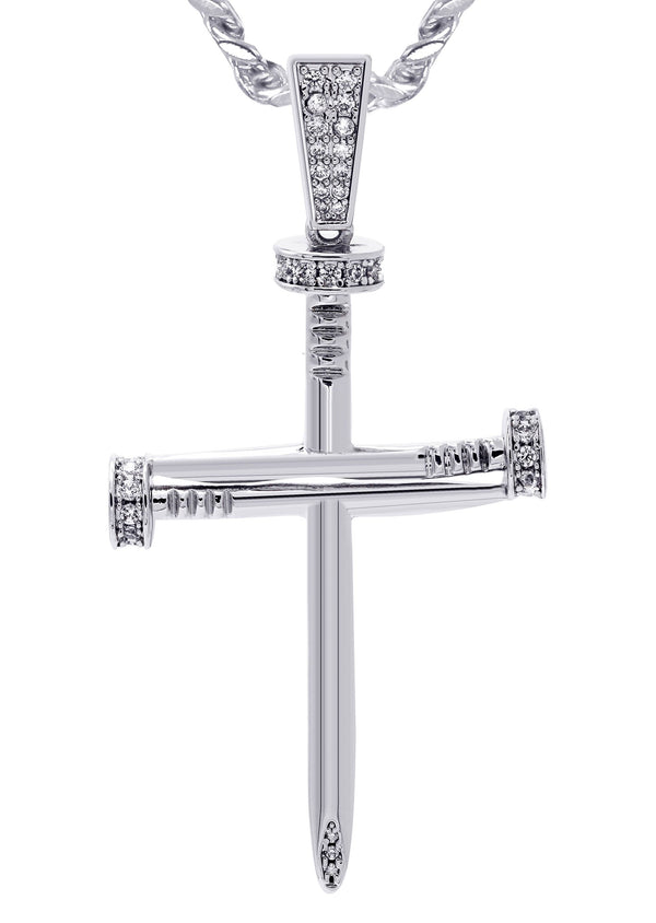 White Gold Plated Cuban Link Chain & Cross Pendant | Appx. 14.5 Grams