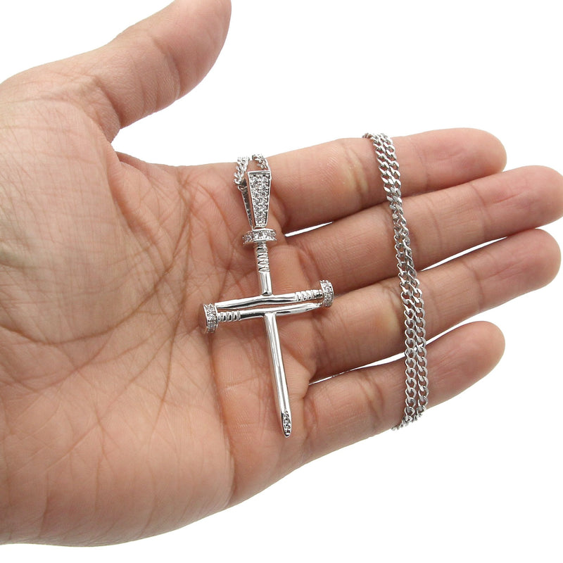 White Gold Plated Cuban Link Chain & Cross Pendant | Appx. 14.5 Grams