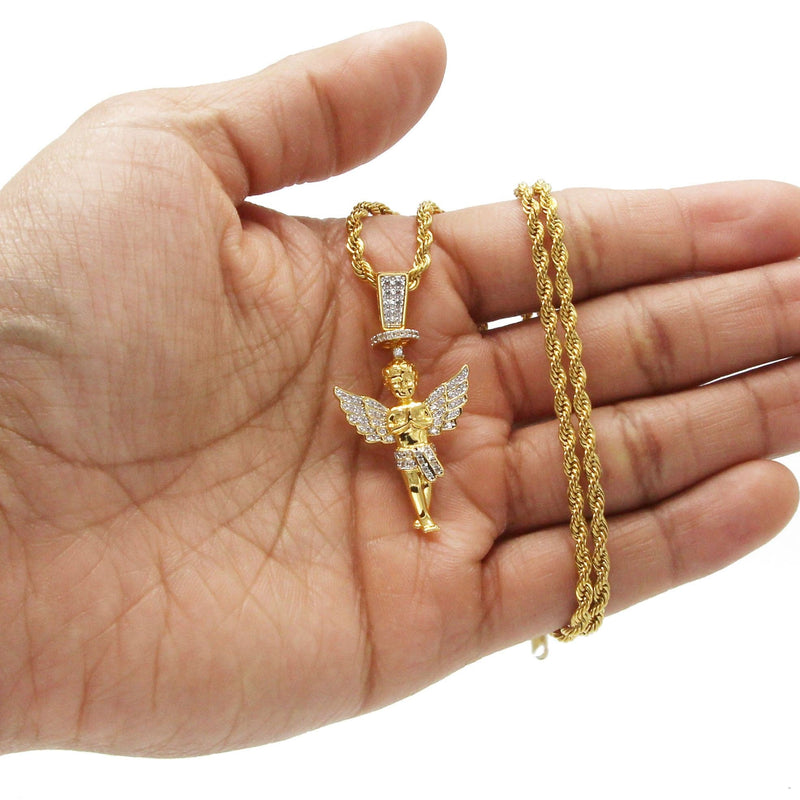 Mens Gold Plated Rope Chain & Angel Pendant | Appx. 14.2 Grams