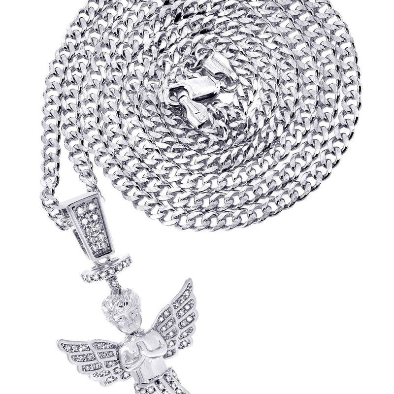 White Gold Plated Cuban Link Chain & Angel Pendant | Appx. 14.2 Grams