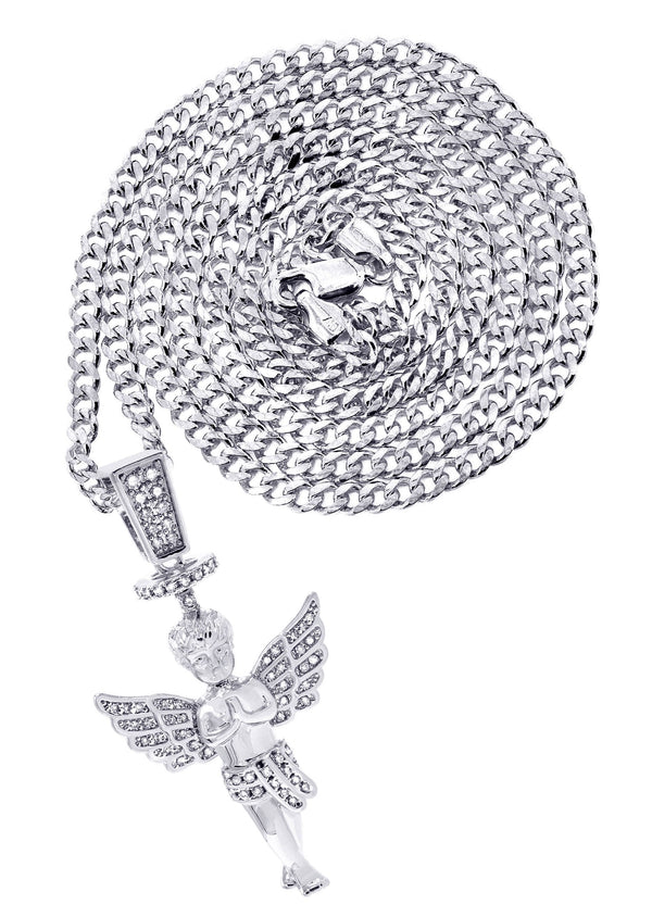 White Gold Plated Cuban Link Chain & Angel Pendant | Appx. 14.2 Grams