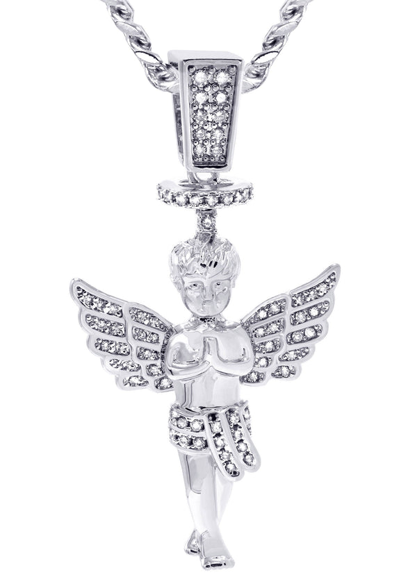 White Gold Plated Cuban Link Chain & Angel Pendant | Appx. 14.2 Grams