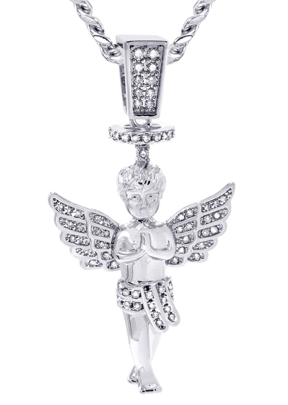 White Gold Plated Cuban Link Chain & Angel Pendant | Appx. 14.2 Grams