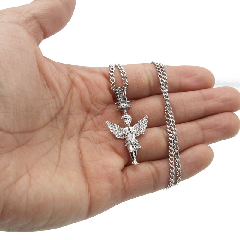 White Gold Plated Cuban Link Chain & Angel Pendant | Appx. 14.2 Grams