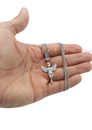 White Gold Plated Cuban Link Chain & Angel Pendant | Appx. 14.2 Grams
