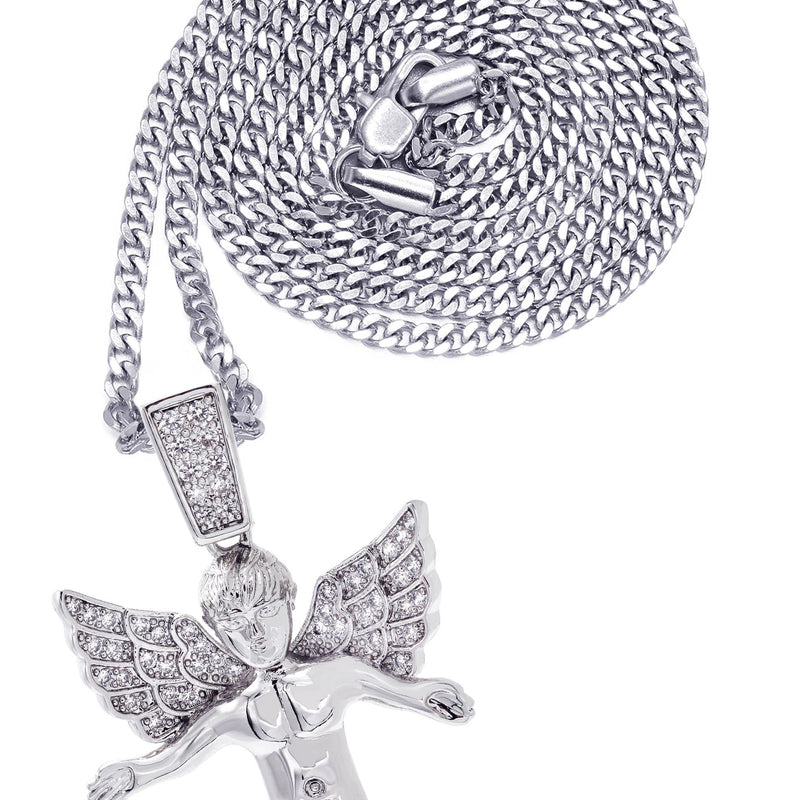 White Gold Plated Cuban Link Chain & Angel Pendant | Appx. 14.2 Grams