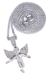 White Gold Plated Cuban Link Chain & Angel Pendant | Appx. 14.2 Grams