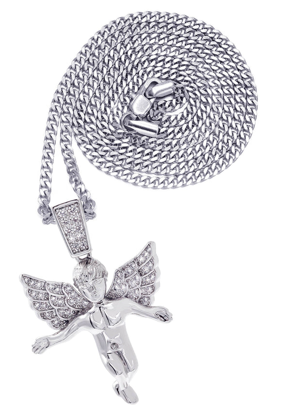 White Gold Plated Cuban Link Chain & Angel Pendant | Appx. 14.2 Grams