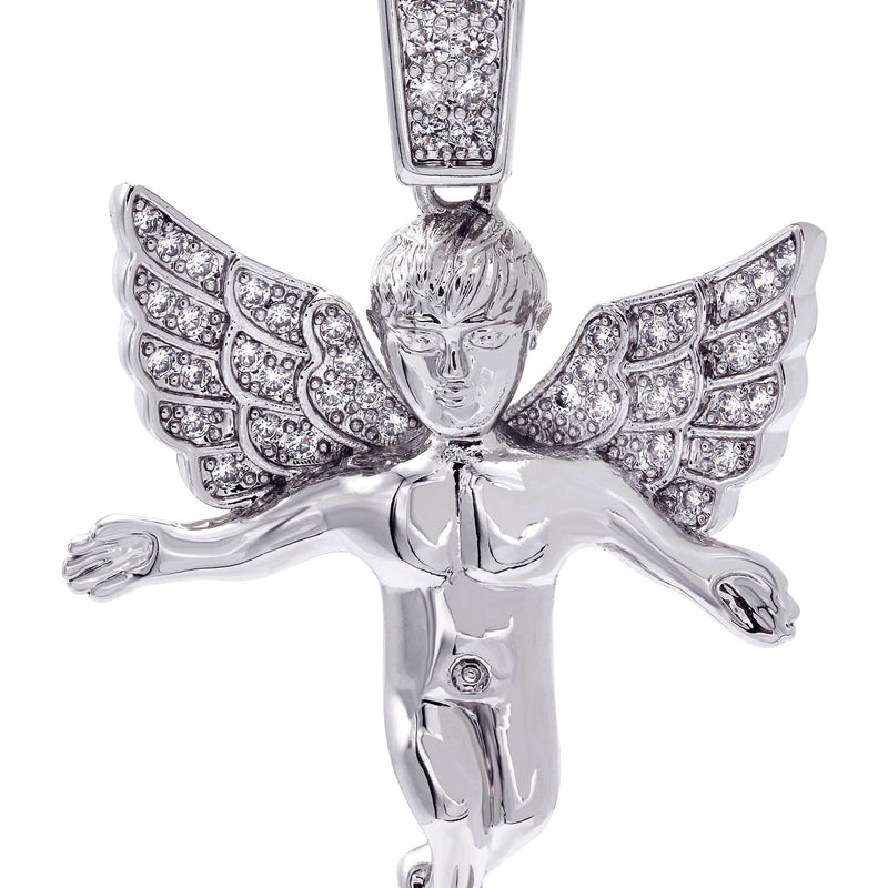 White Gold Plated Cuban Link Chain & Angel Pendant | Appx. 14.2 Grams
