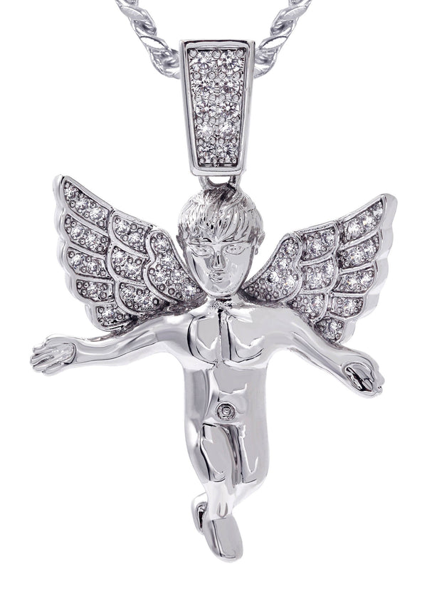 White Gold Plated Cuban Link Chain & Angel Pendant | Appx. 14.2 Grams