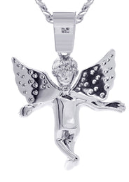 White Gold Plated Cuban Link Chain & Angel Pendant | Appx. 14.2 Grams