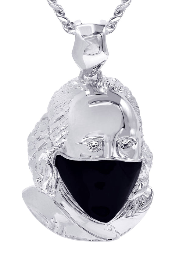 White Gold Plated Cuban Link Chain & Masked Benjamin Franklin Pendant | Appx. 32.1 Grams