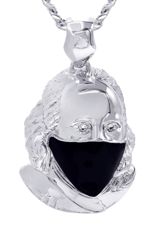 White Gold Plated Cuban Link Chain & Masked Benjamin Franklin Pendant | Appx. 32.1 Grams