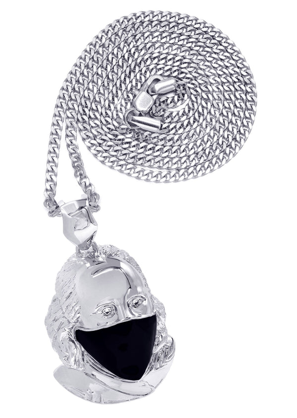 White Gold Plated Cuban Link Chain & Masked Benjamin Franklin Pendant | Appx. 32.1 Grams