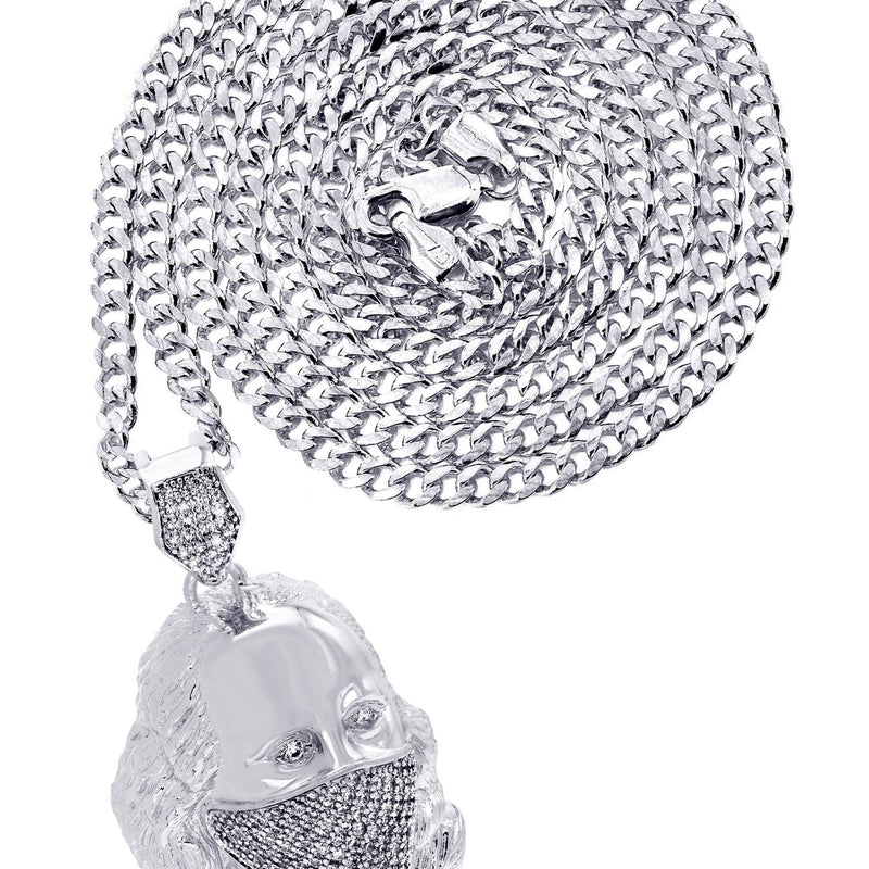 White Gold Plated Cuban Link Chain & Masked Benjamin Franklin Pendant | Appx. 31.7 Grams
