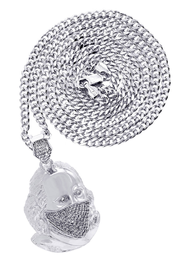 White Gold Plated Cuban Link Chain & Masked Benjamin Franklin Pendant | Appx. 31.7 Grams