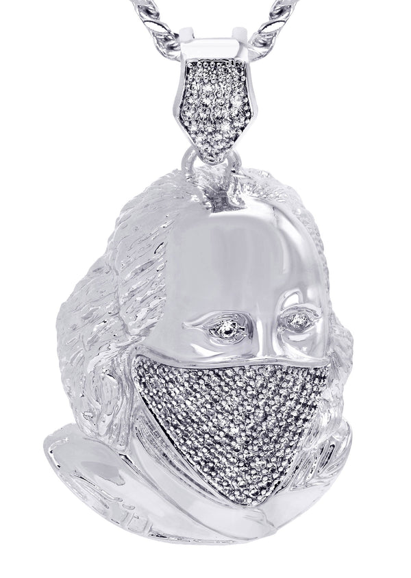 White Gold Plated Cuban Link Chain & Masked Benjamin Franklin Pendant | Appx. 31.7 Grams