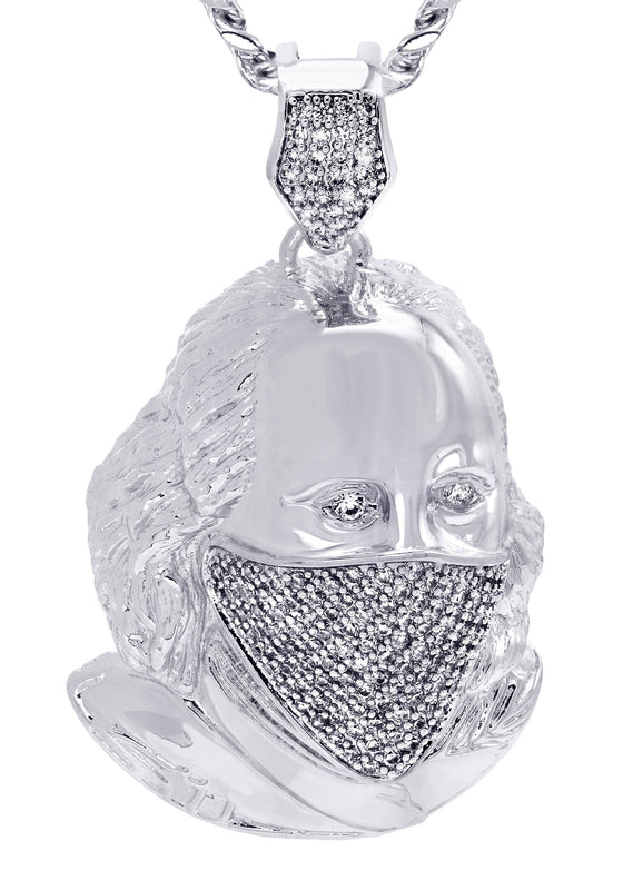 White Gold Plated Cuban Link Chain & Masked Benjamin Franklin Pendant | Appx. 31.7 Grams