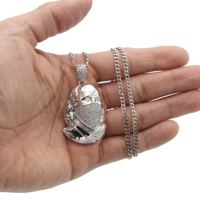 White Gold Plated Cuban Link Chain & Masked Benjamin Franklin Pendant | Appx. 31.7 Grams