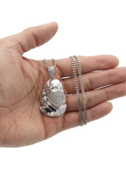 White Gold Plated Cuban Link Chain & Masked Benjamin Franklin Pendant | Appx. 31.7 Grams