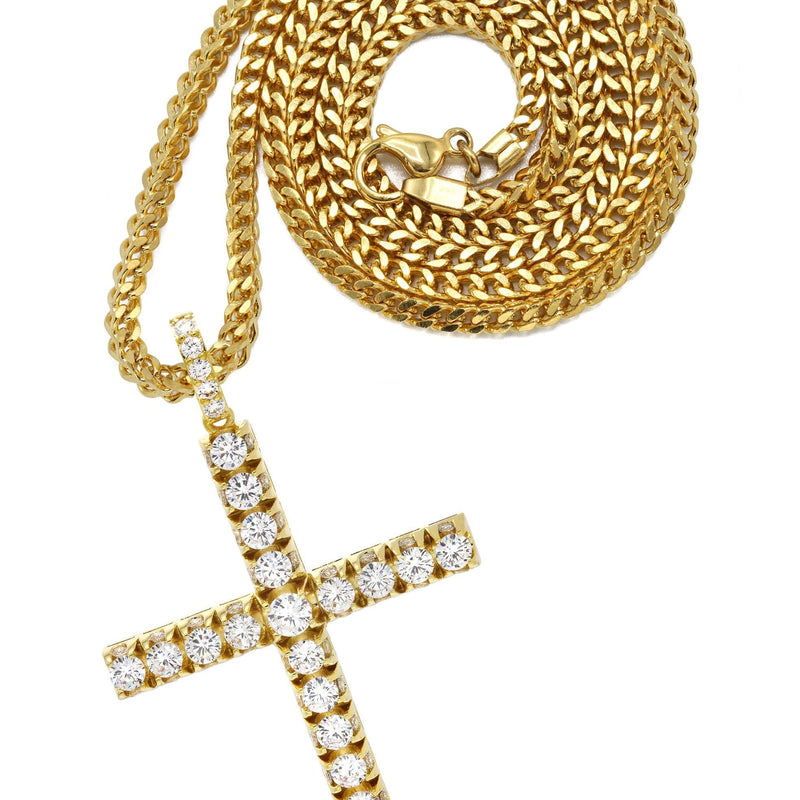 Mens Gold Plated Franco Chain & Cross Pendant | Appx. 30.5 Grams
