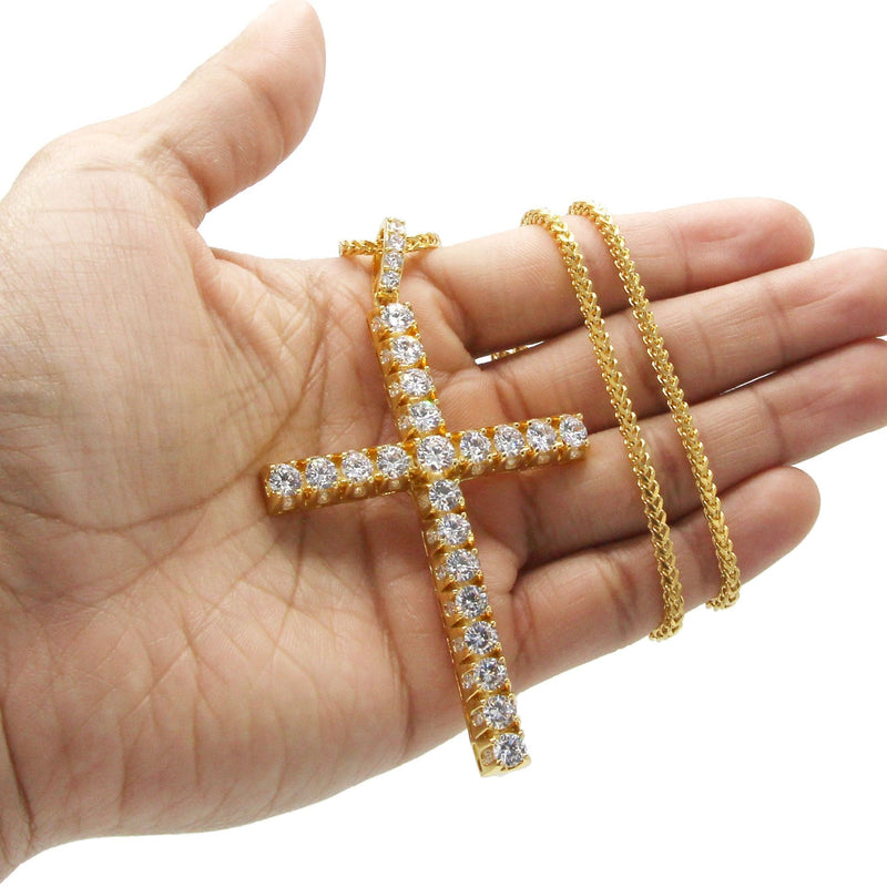Mens Gold Plated Franco Chain & Cross Pendant | Appx. 30.5 Grams
