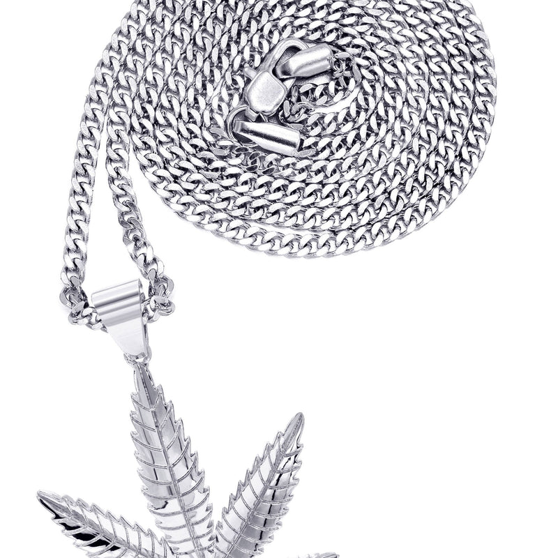 White Gold Plated Cuban Link Chain & Marihuana Leaf Pendant | Appx. 17.4 Grams