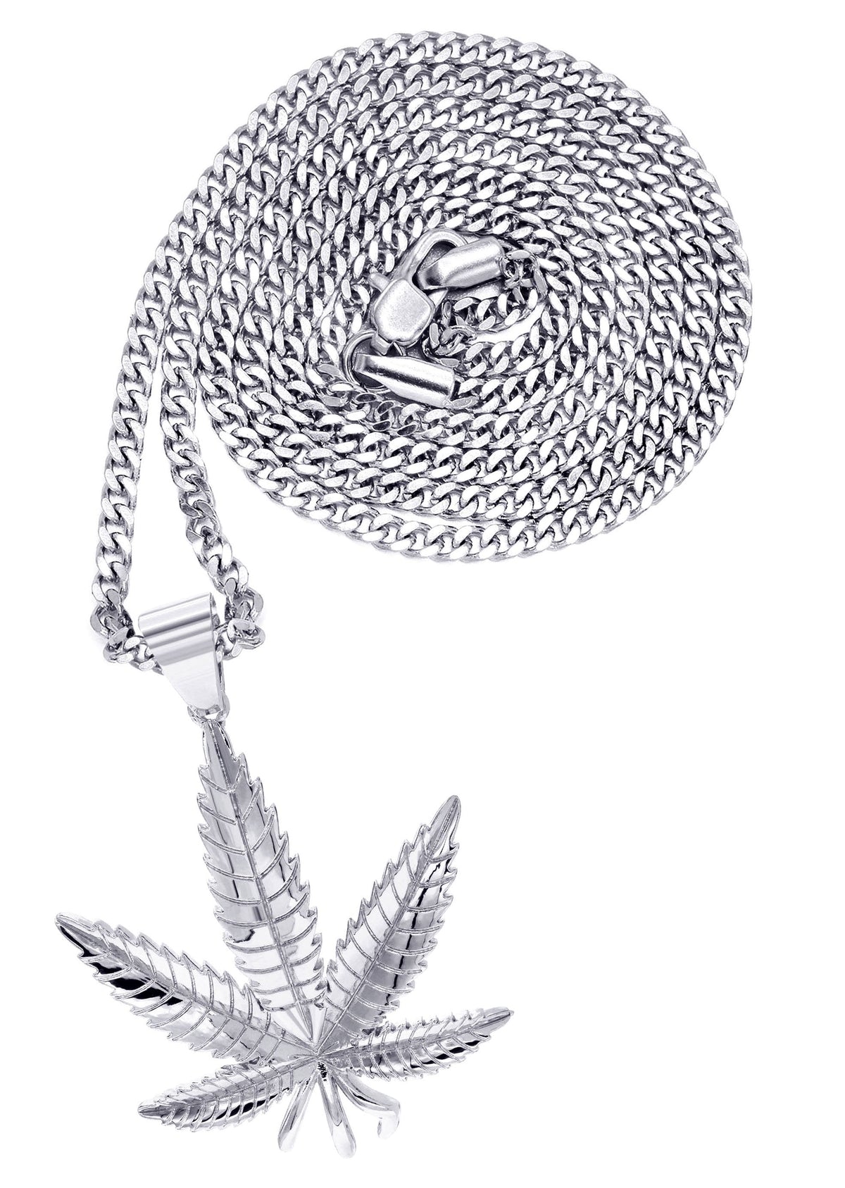 White Gold Plated Cuban Link Chain & Marihuana Leaf Pendant | Appx. 17.4 Grams