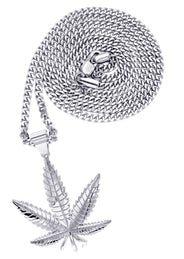 White Gold Plated Cuban Link Chain & Marihuana Leaf Pendant | Appx. 17.4 Grams