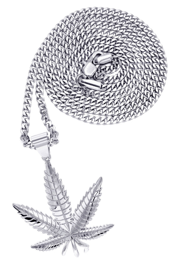 White Gold Plated Cuban Link Chain & Marihuana Leaf Pendant | Appx. 17.4 Grams
