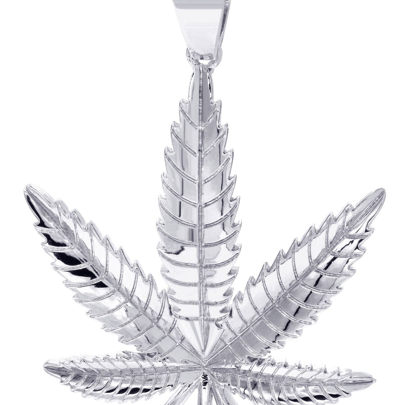 White Gold Plated Cuban Link Chain & Marihuana Leaf Pendant | Appx. 17.4 Grams
