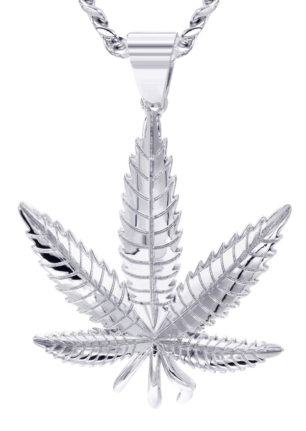 White Gold Plated Cuban Link Chain & Marihuana Leaf Pendant | Appx. 17.4 Grams