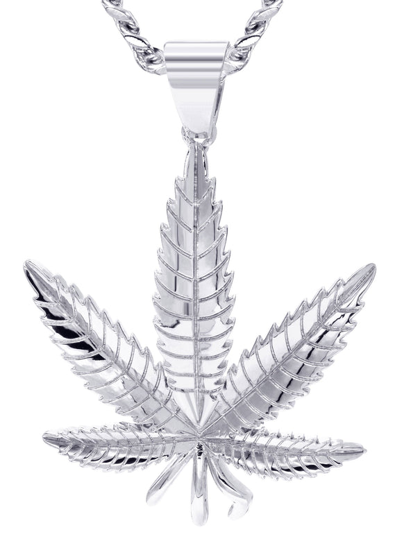 White Gold Plated Cuban Link Chain & Marihuana Leaf Pendant | Appx. 17.4 Grams