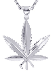 White Gold Plated Cuban Link Chain & Marihuana Leaf Pendant | Appx. 17.4 Grams