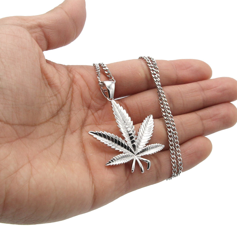 White Gold Plated Cuban Link Chain & Marihuana Leaf Pendant | Appx. 17.4 Grams