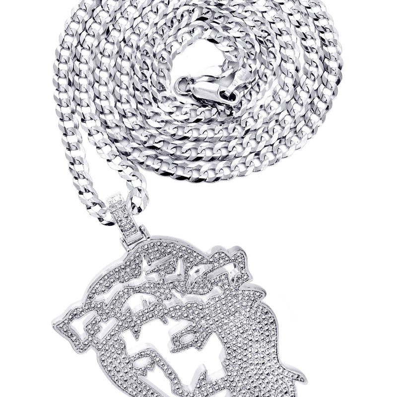 White Gold Plated Cuban Link Chain & Jesus Head Pendant | Appx. 46.5 Grams