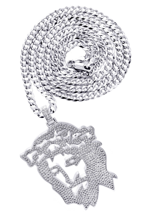 White Gold Plated Cuban Link Chain & Jesus Head Pendant | Appx. 46.5 Grams