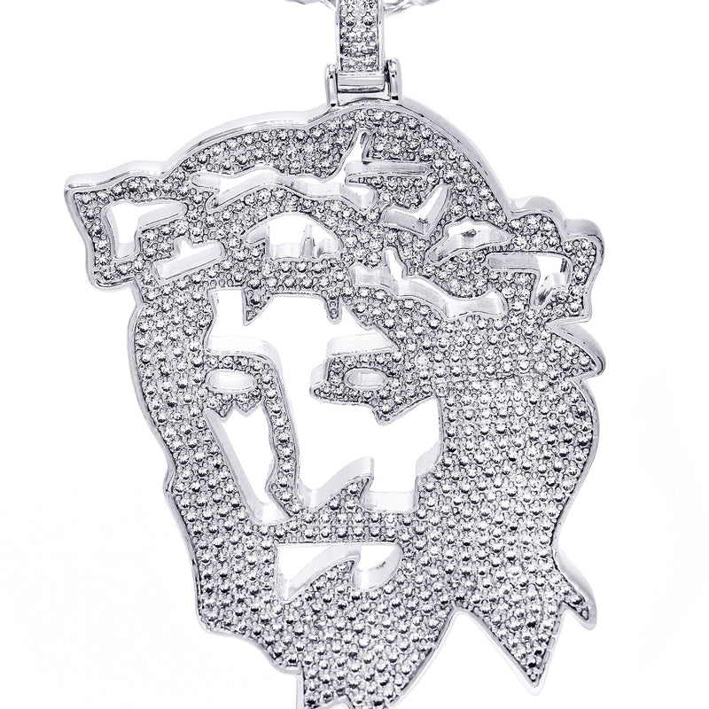White Gold Plated Cuban Link Chain & Jesus Head Pendant | Appx. 46.5 Grams