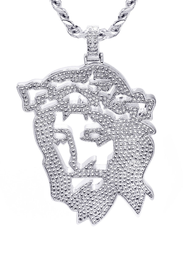 White Gold Plated Cuban Link Chain & Jesus Head Pendant | Appx. 46.5 Grams