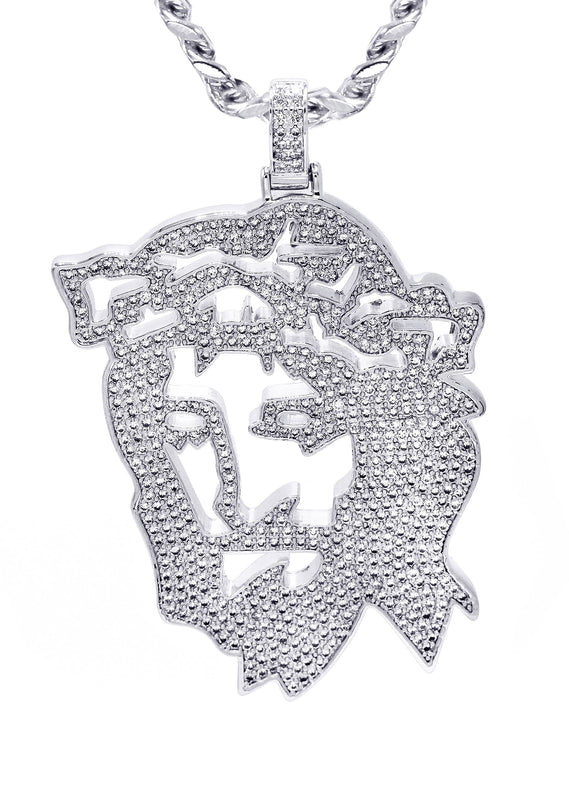 White Gold Plated Cuban Link Chain & Jesus Head Pendant | Appx. 46.5 Grams