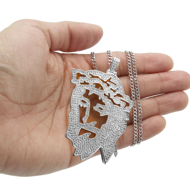 White Gold Plated Cuban Link Chain & Jesus Head Pendant | Appx. 46.5 Grams