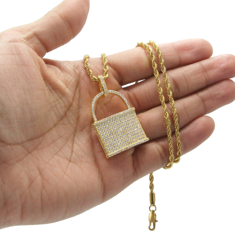 Mens Gold Plated Rope Chain & Lock Pendant | Appx. 18.7 Grams